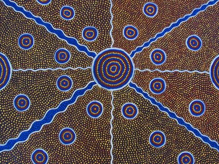 Image représentant une peinture à points, un style d'art aborigène caractérisé par l'utilisation de petits points pour former des motifs complexes et des représentations d'histoires et de symboles, reflétant le riche héritage culturel et les traditions artistiques des communautés indigènes australiennes.