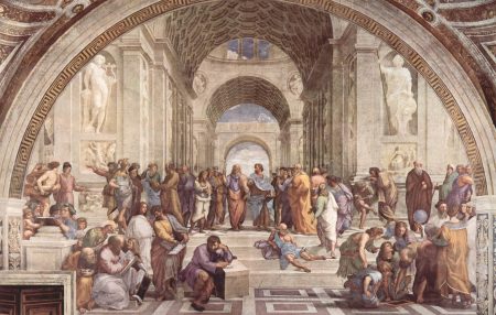 Une image représentant "L'école d'Athènes", une célèbre fresque de Raphaël, montrant une assemblée de philosophes et de penseurs renommés de différentes époques, engagés dans des discussions intellectuelles et symbolisant la poursuite de la connaissance et de la sagesse dans la philosophie classique.